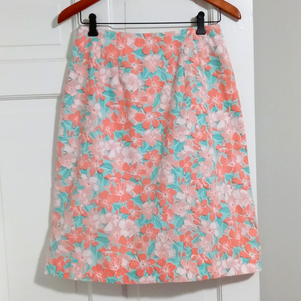 🌸VTG Early 80s Lilly Pulitzer🌸 - Peach/Aqua Floral High Waisted Skirt